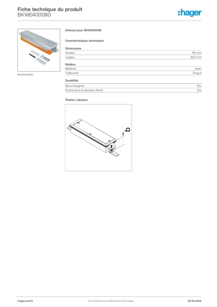 Image Hager Fiche technique du produit BKWE400090 | Hager France