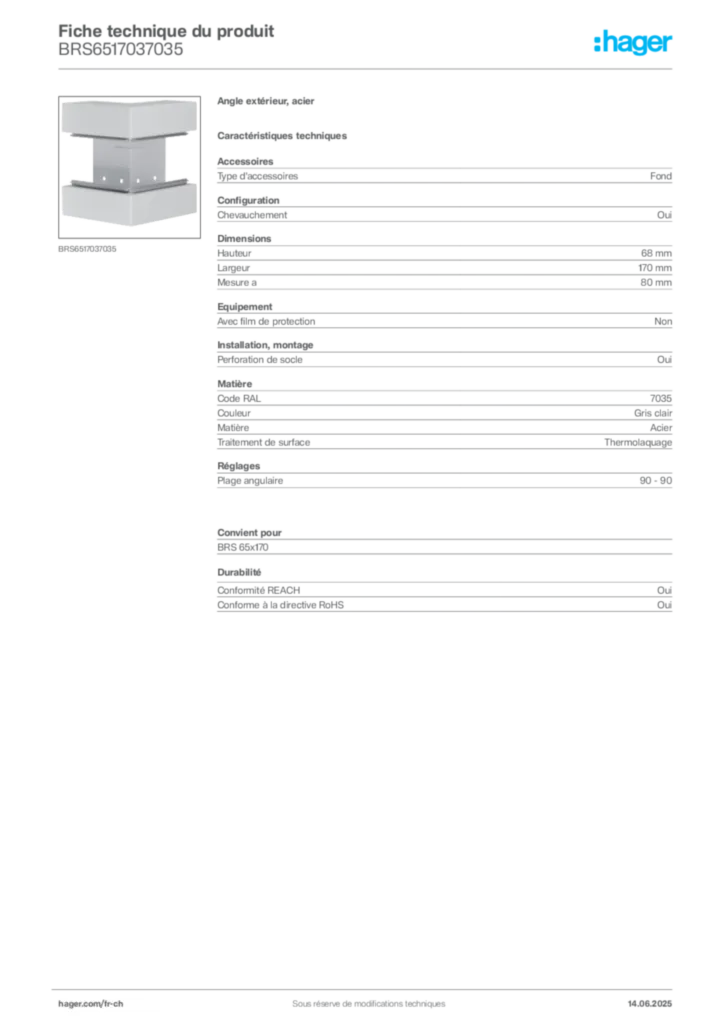 Image Hager Fiche technique du produit BRS6517037035 | Hager Suisse