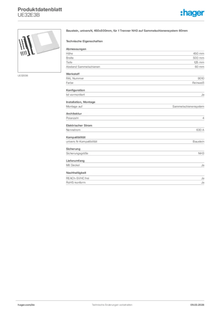 Bild Hager Produktdatenblatt UE32E3B | Hager Deutschland