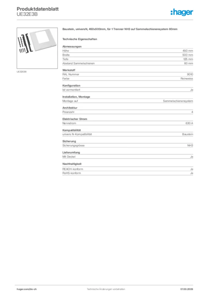 Bild Hager Produktdatenblatt UE32E3B | Hager Schweiz