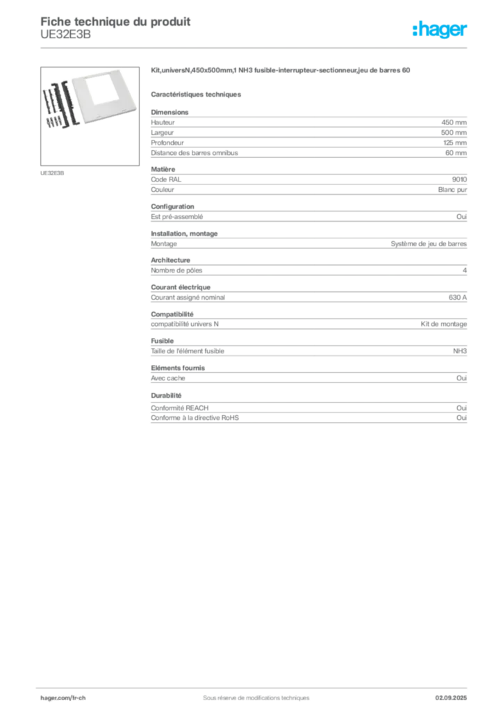 Image Hager Fiche technique du produit UE32E3B | Hager Suisse
