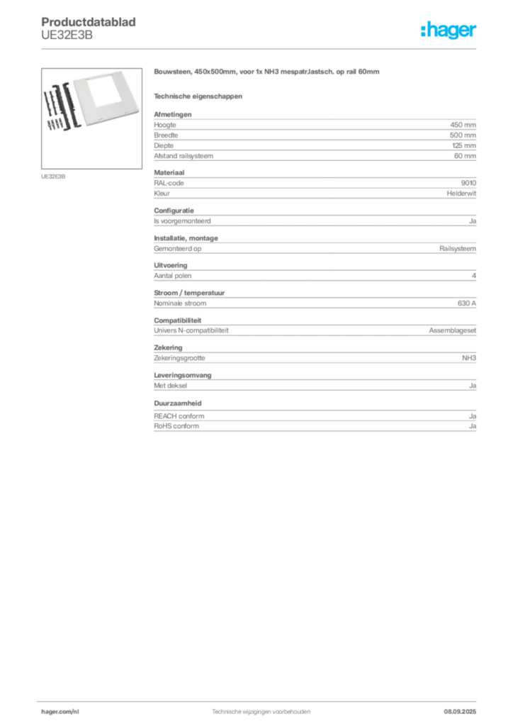Afbeelding Hager Productdatablad UE32E3B | Hager Nederland