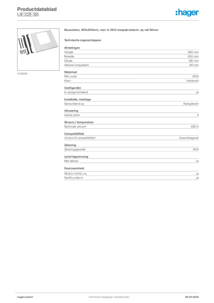Afbeelding Hager Productdatablad UE32E3B | Hager Nederland