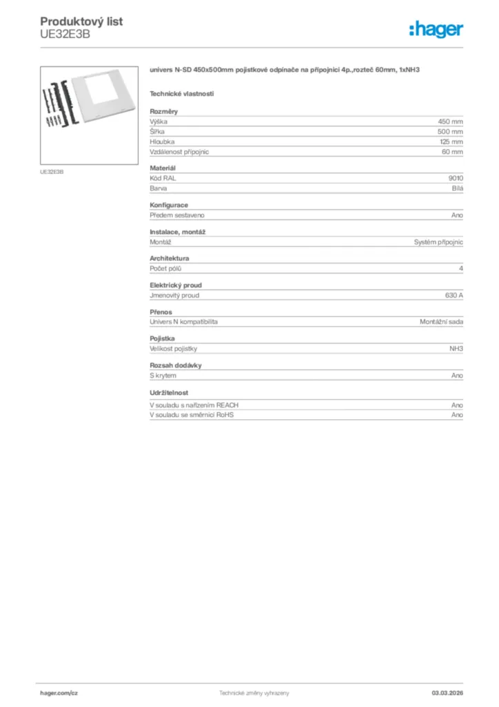 Obrázek Hager Product data sheet UE32E3B | Hager