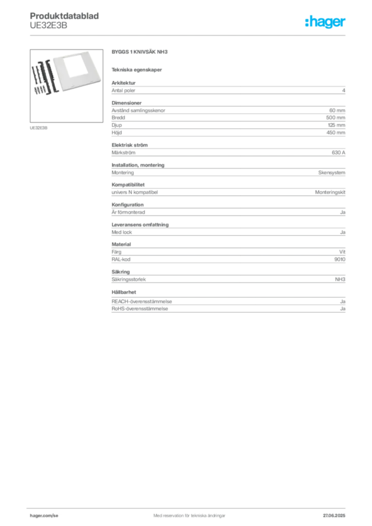 Bild Hager Produktdatablad UE32E3B | Hager Sverige