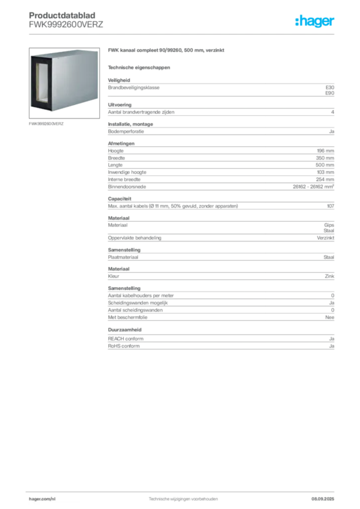 Afbeelding Hager Productdatablad FWK9992600VERZ | Hager Nederland