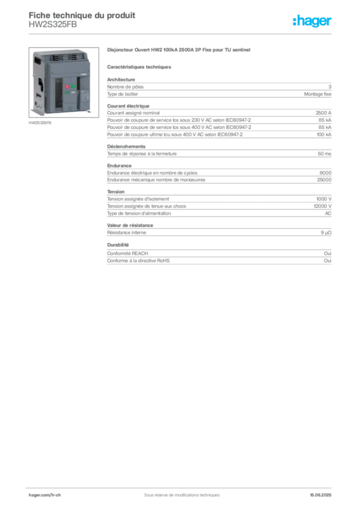 Image Hager Fiche technique du produit HW2S325FB | Hager Suisse