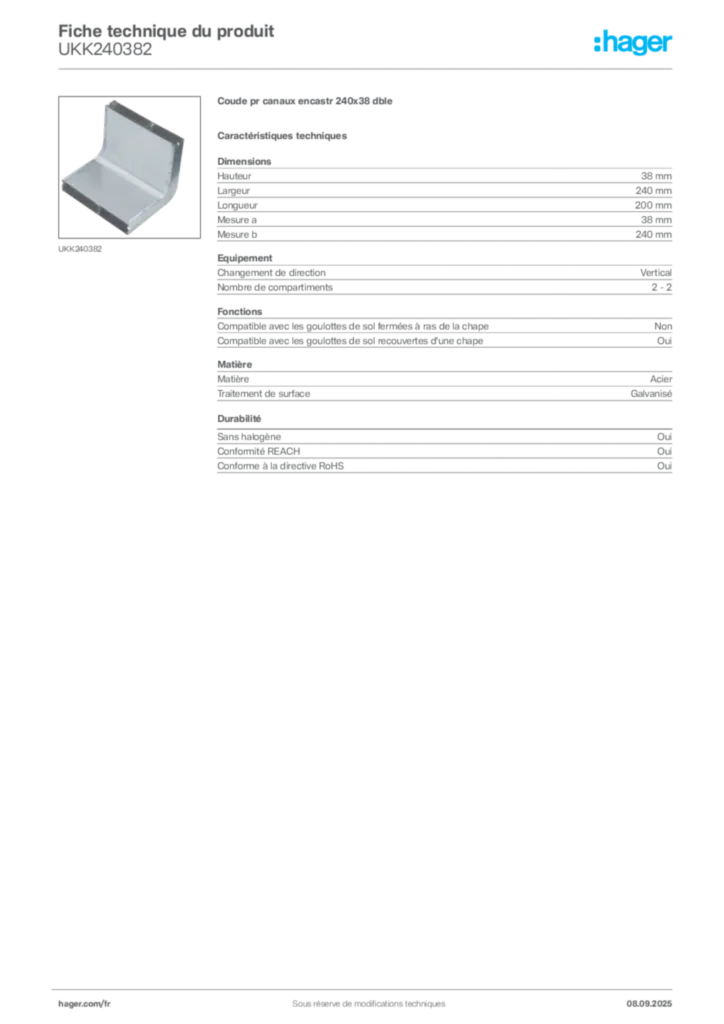 Image Hager Fiche technique du produit UKK240382 | Hager France