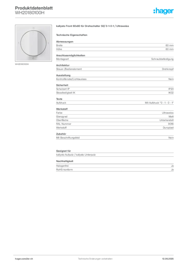 Bild Hager Produktdatenblatt WH20180100H | Hager Schweiz