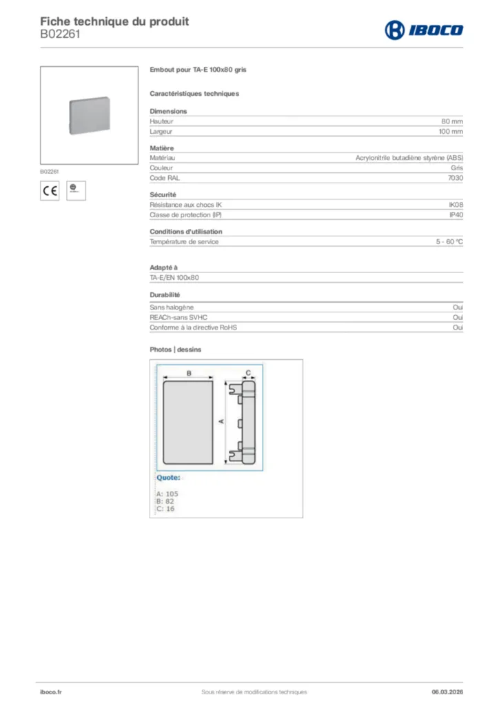 Image Iboco Fiche technique du produit B02261 | Hager France
