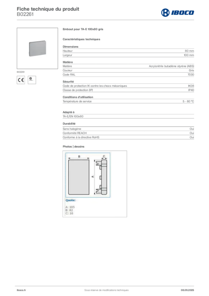 Image Iboco Fiche technique du produit B02261 | Hager France