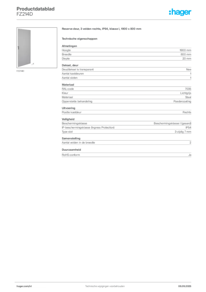 Afbeelding Hager Productdatablad FZ214D | Hager Nederland