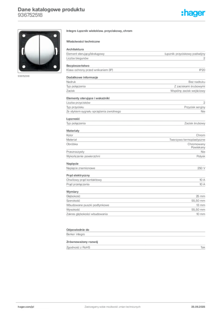 Zdjęcie Hager Karta katalogowa 936752518 | Hager Polska