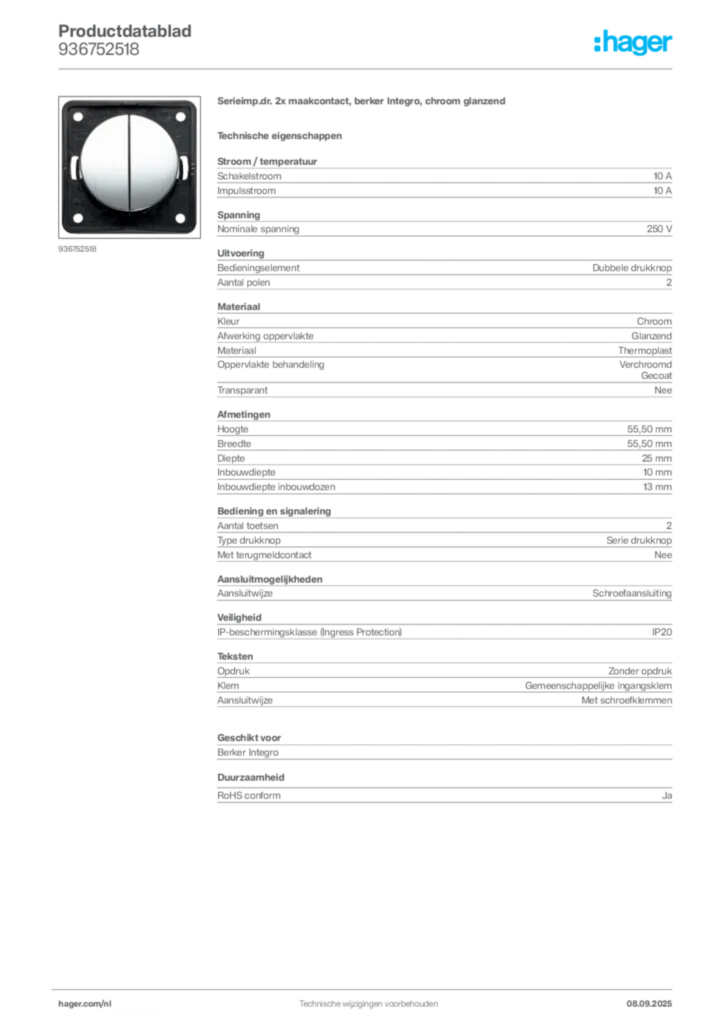 Afbeelding Hager Productdatablad 936752518 | Hager Nederland