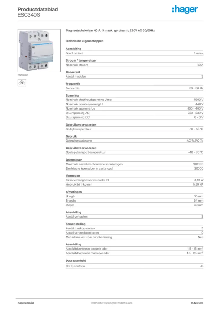 Afbeelding Hager Productdatablad ESC340S | Hager Nederland