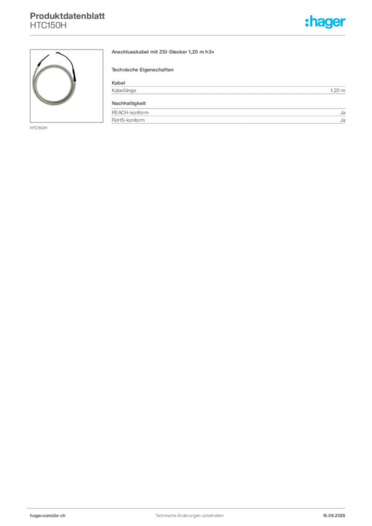 Bild Hager Produktdatenblatt HTC150H | Hager Schweiz