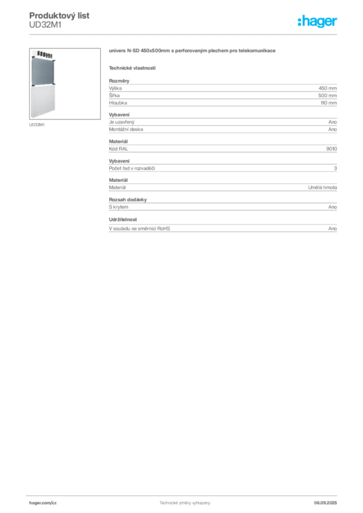 Obrázek Hager Produktový list UD32M1 | Hager
