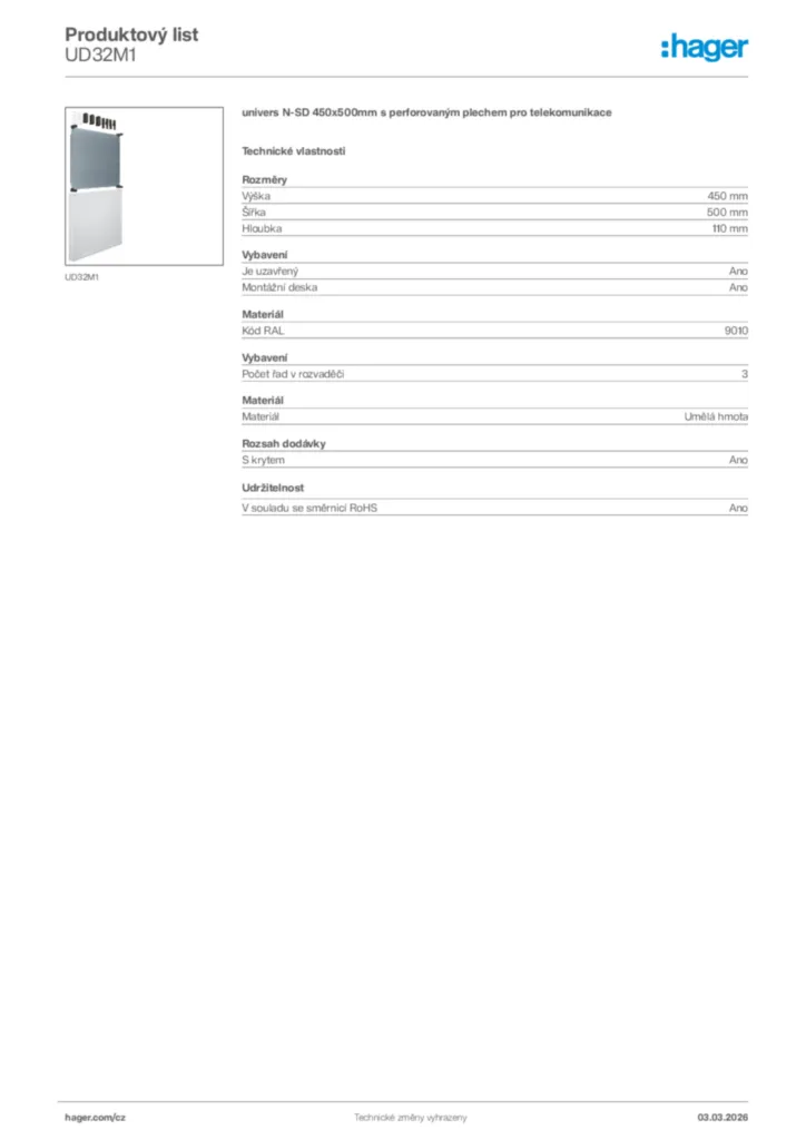 Obrázek Hager Product data sheet UD32M1 | Hager