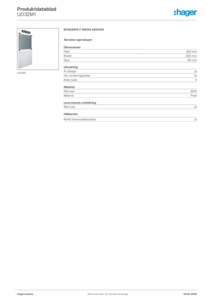 Bild Hager Produktdatablad UD32M1 | Hager Sverige