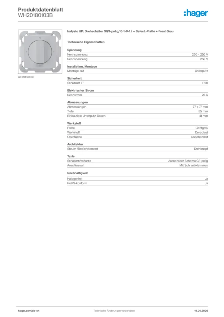 Bild Hager Produktdatenblatt WH20180103B | Hager Schweiz
