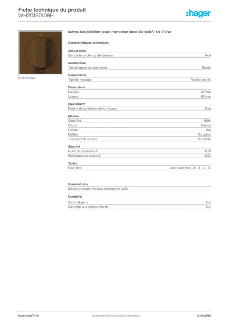 Image Hager Fiche technique du produit WH20180109H | Hager Suisse