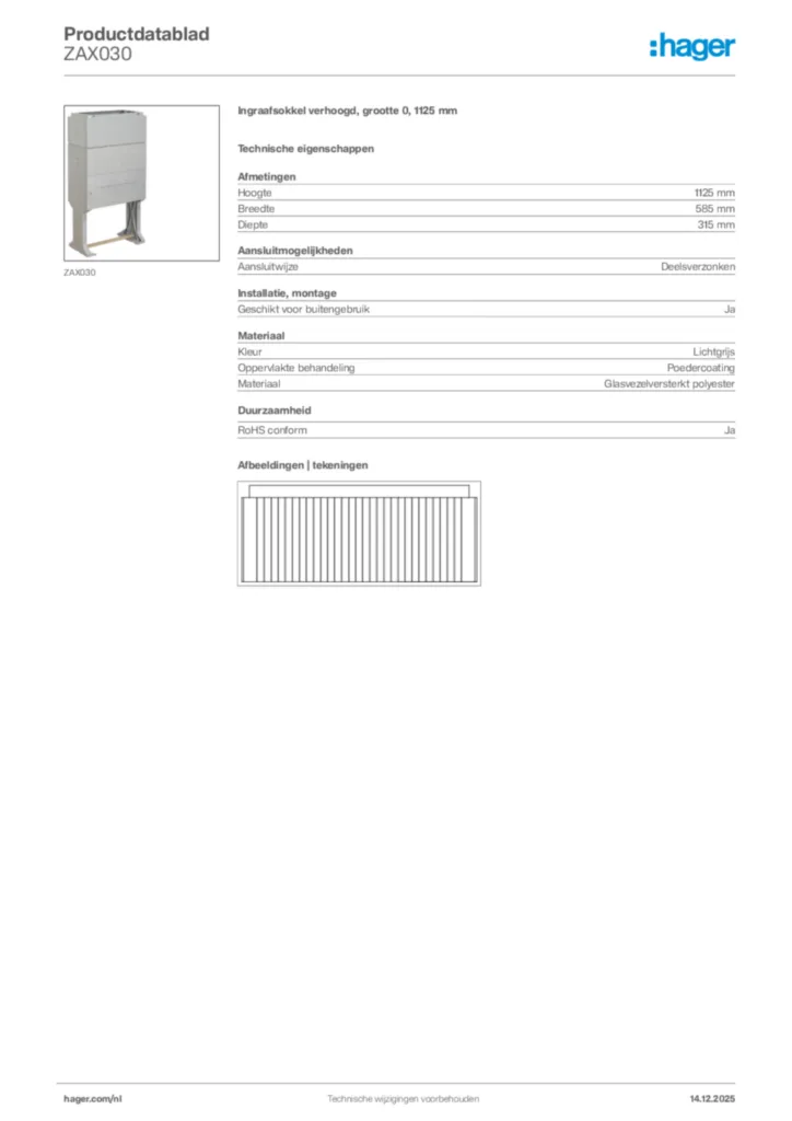 Afbeelding Hager Productdatablad ZAX030 | Hager Nederland