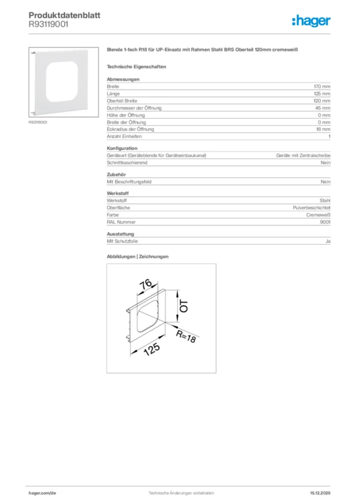 Bild Hager Produktdatenblatt R93119001 | Hager Deutschland