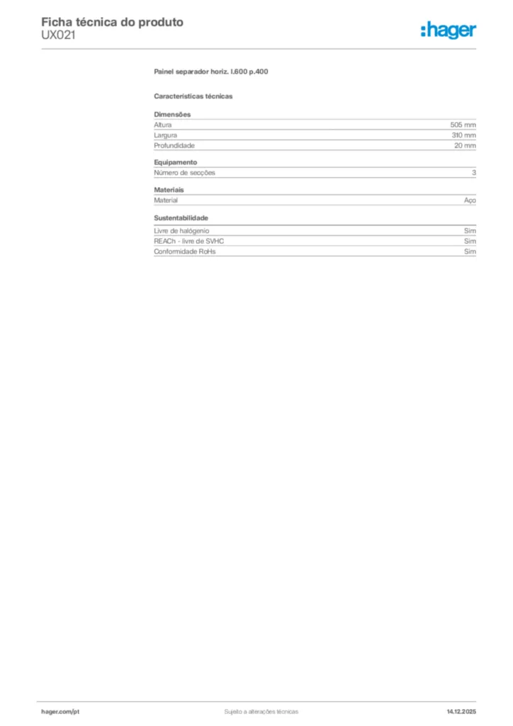 Imagem Hager Ficha técnica do produto UX021 | Hager Portugal