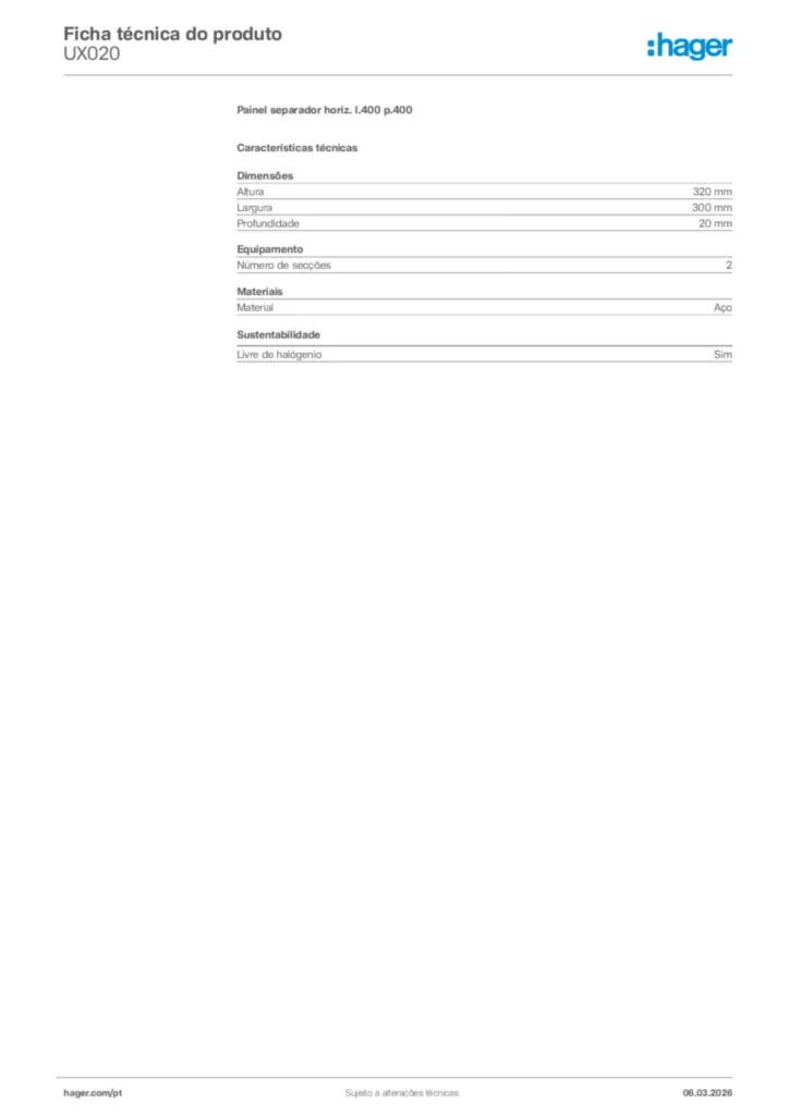Imagem Hager Ficha técnica do produto UX020 | Hager Portugal