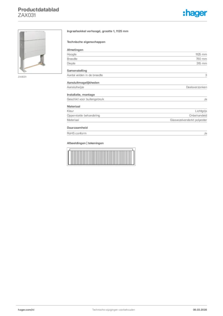 Afbeelding Hager Productdatablad ZAX031 | Hager Nederland