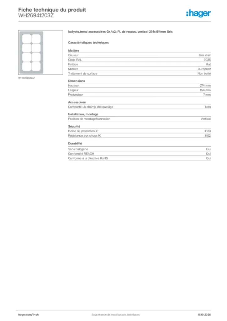 Image Hager Fiche technique du produit WH26941203Z | Hager Suisse
