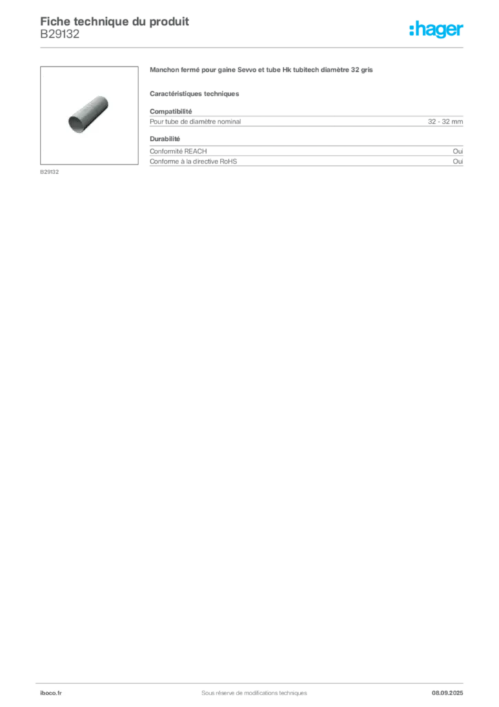 Image Iboco Fiche technique du produit B29132 | Hager France