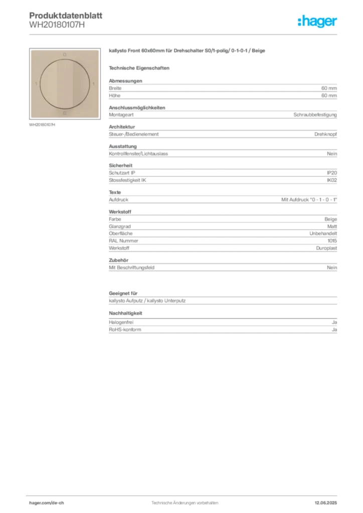 Bild Hager Produktdatenblatt WH20180107H | Hager Schweiz