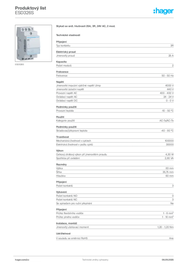 Obrázek Hager Produktový list ESD326S | Hager