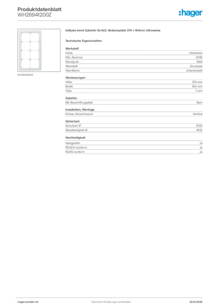 Bild Hager Produktdatenblatt WH26941200Z | Hager Schweiz