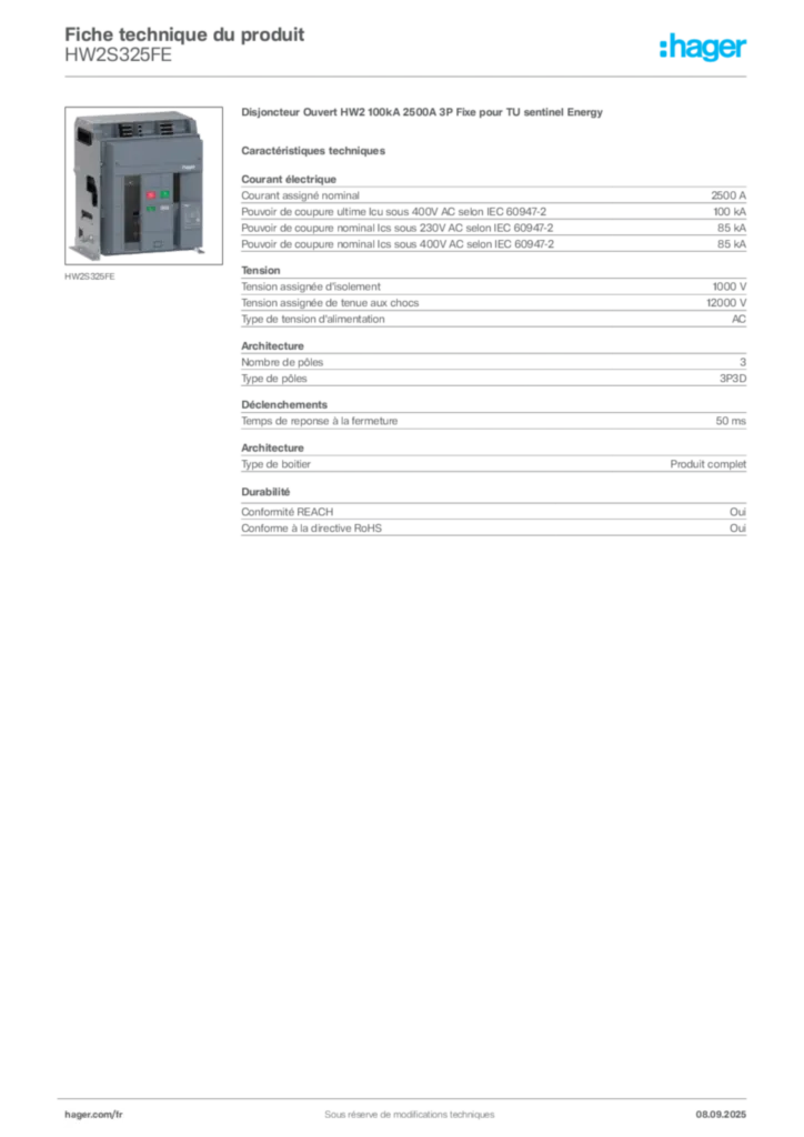 Image Hager Fiche technique du produit HW2S325FE | Hager France