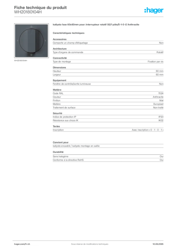 Image Hager Fiche technique du produit WH20180104H | Hager Suisse