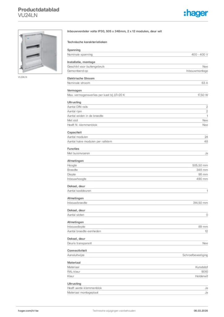 Afbeelding Hager Productdatablad VU24LN | Hager Belgium
