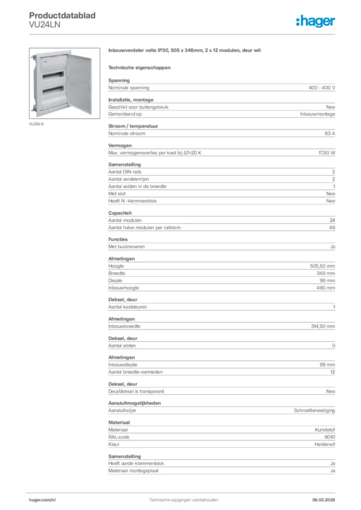 Afbeelding Hager Productdatablad VU24LN | Hager Nederland