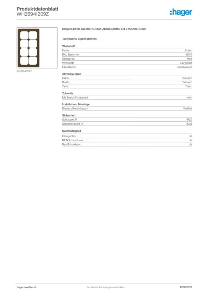 Bild Hager Produktdatenblatt WH26941209Z | Hager Schweiz