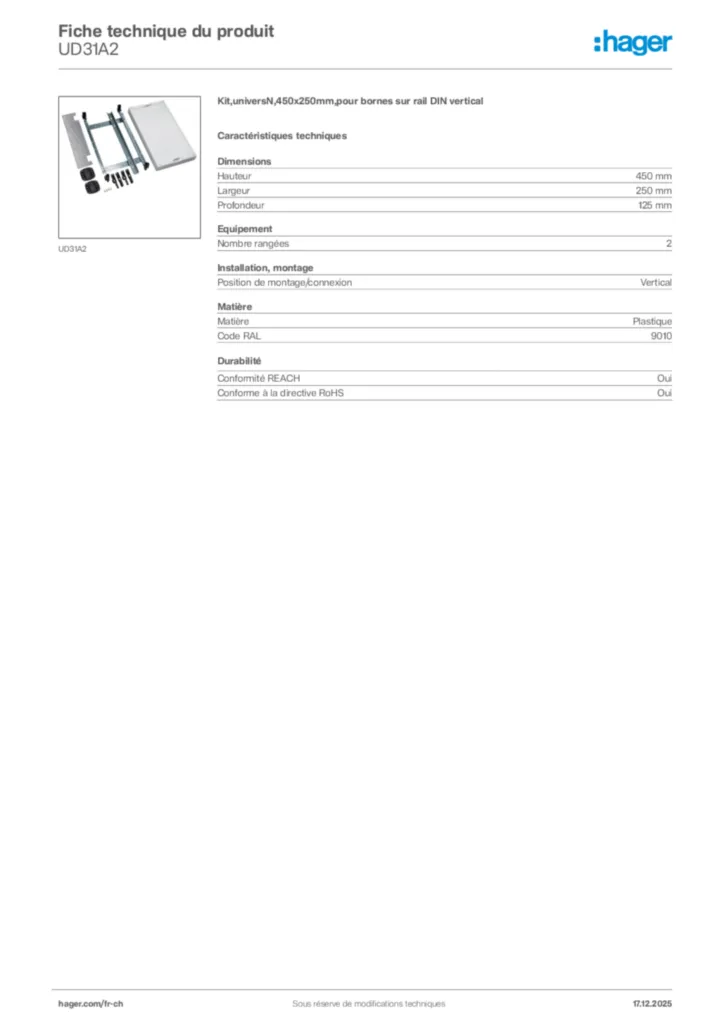 Image Hager Fiche technique du produit UD31A2 | Hager Suisse