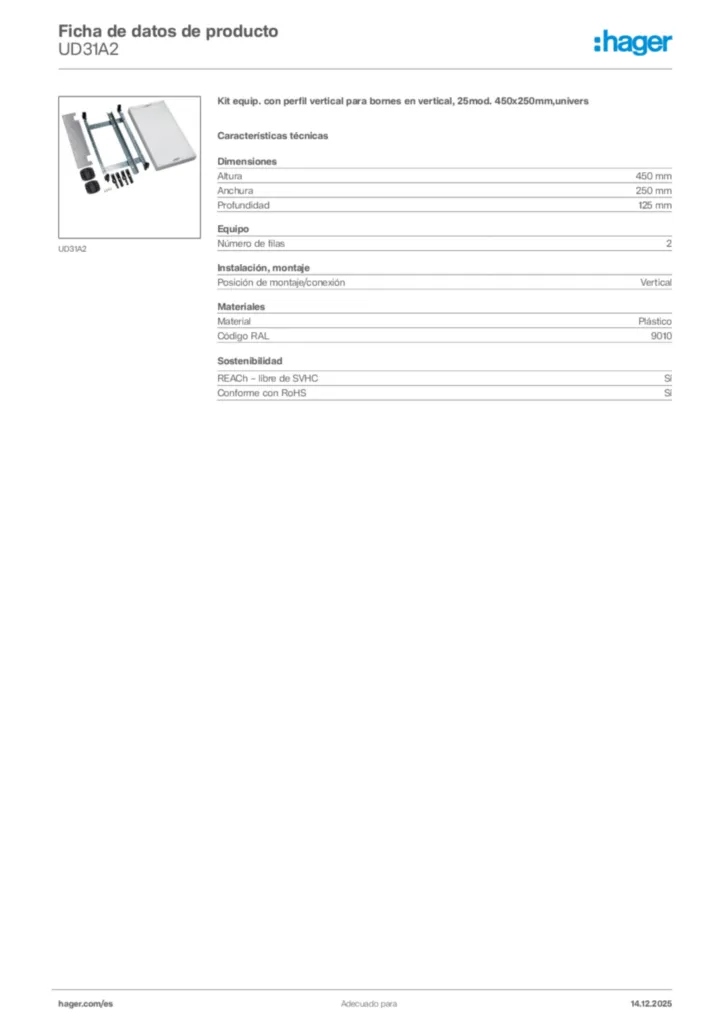 Imagen Hager Ficha de datos de producto UD31A2 | Hager España