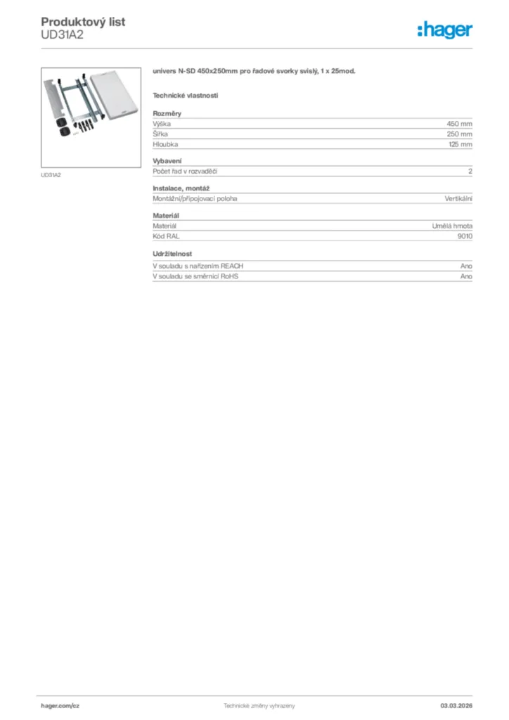 Obrázek Hager Product data sheet UD31A2 | Hager