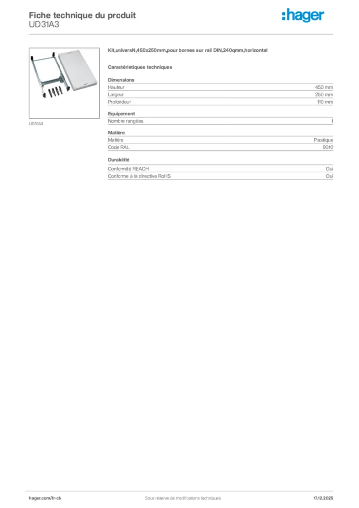 Image Hager Fiche technique du produit UD31A3 | Hager Suisse