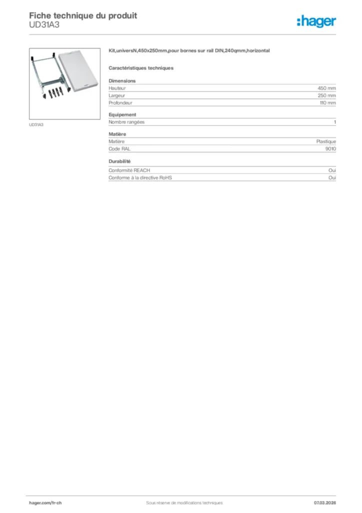 Image Hager Fiche technique du produit UD31A3 | Hager Suisse