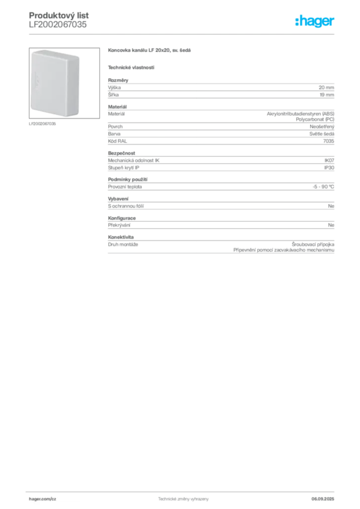 Obrázek Hager Produktový list LF2002067035 | Hager
