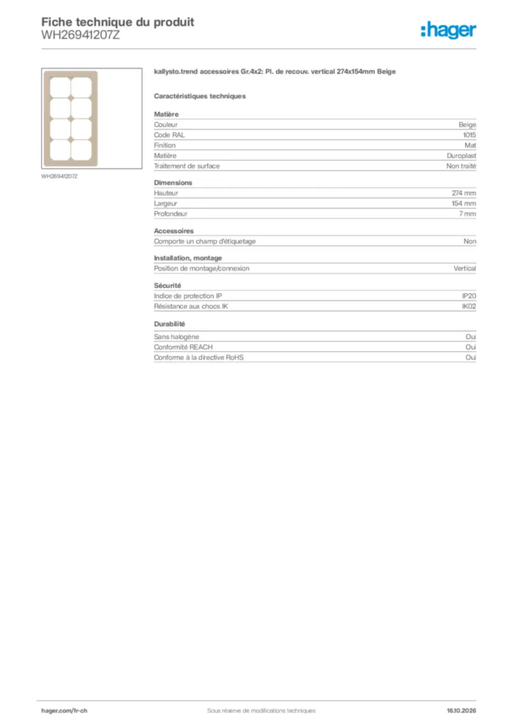 Image Hager Fiche technique du produit WH26941207Z | Hager Suisse