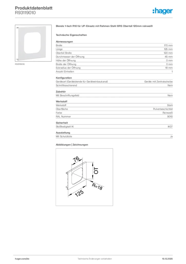 Bild Hager Produktdatenblatt R93119010 | Hager Deutschland