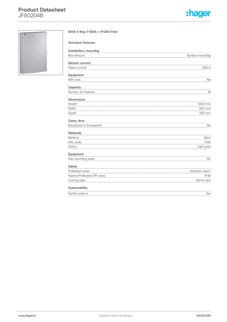 Image Hager Product data sheet JF80204B  | Hager