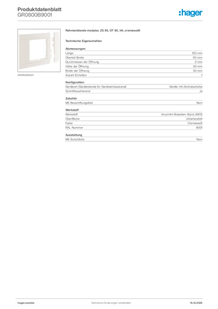 Bild Hager Produktdatenblatt GR0800B9001 | Hager Deutschland